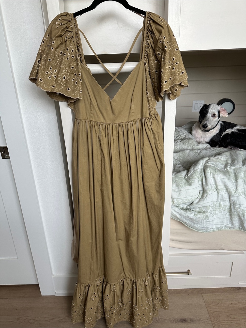 En Saison Olive Eyelet Flutter-Sleeve Dress